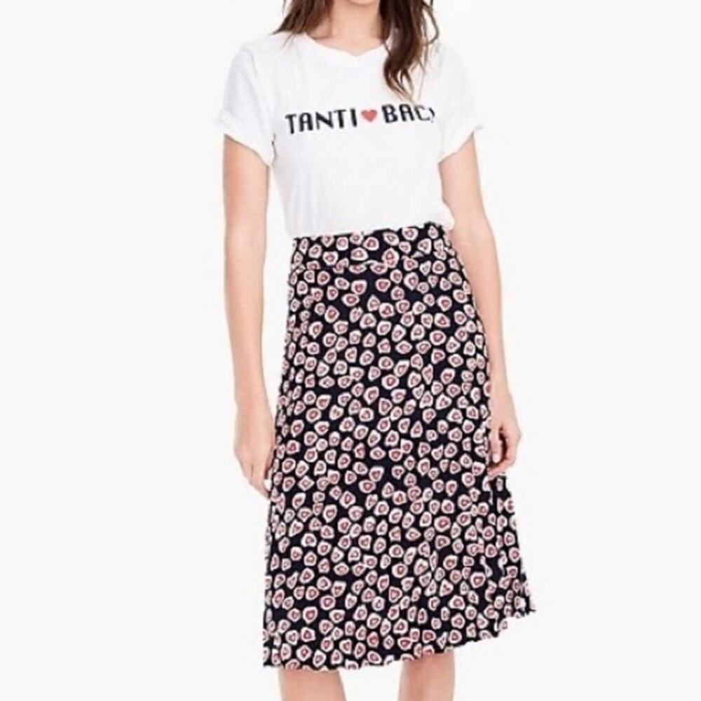 J. Crew Heart Print Pleated A-Line Midi Skirt Blue & Red Crepe Classic Preppy 8